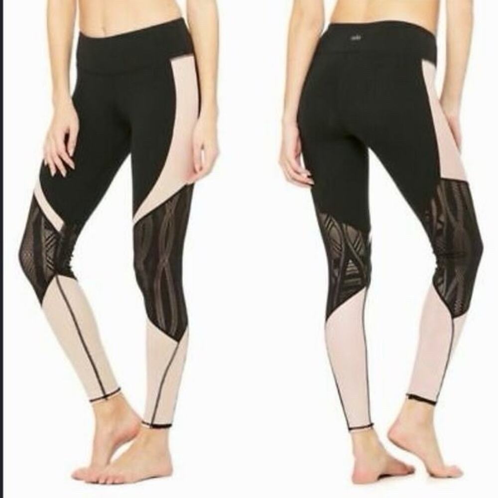 Alo Yoga Vitality Leggings Black And Buff Pink Size Small Sheer Mesh Colorblock